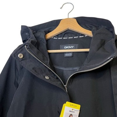 DKNY Women's Black Parka Coat Jacket Hooded Zip Slits Size S Small BNWT Winter