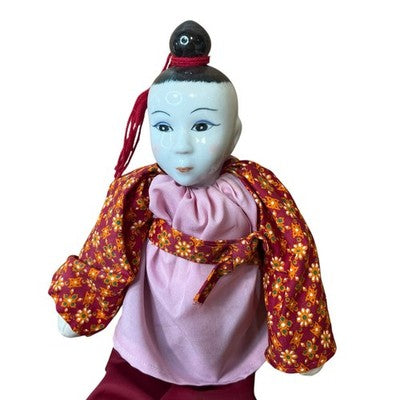 Asian Chinese Pink Red & White Porcelain & Rag Doll with Single Top Bun — view 2