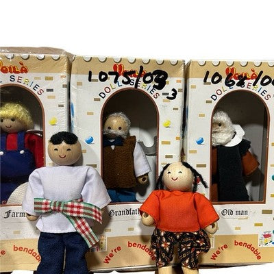 Vintage Voila Wooden Bendable Dolls House Figures x7 4 Boxed Doll Series - detail view