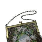 Vintage Micro Beaded Evening Bag Scenic Floral Purse Brass Frame Chain Handbag