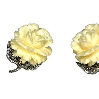 Pair of Vintage Sterling Silver &amp; Marcasite Carved Off White Flower Earrings — view 2