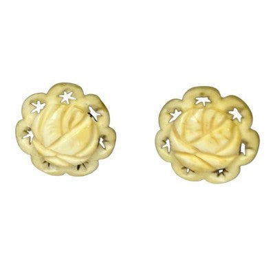 Clip On Earrings Vintage Carved Bovine Bone Rose Stars Cream Floral Jewellery