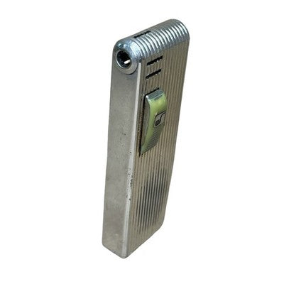 Vintage Sarome Japan Slim Gas Lighter Ribbed Chrome Green Slider Untested