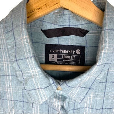 Carhartt Shirt Light Blue Plaid Long Sleeve Button Up Workwear Unisex Size S
