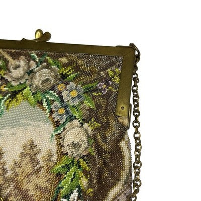 Vintage Micro Beaded Evening Bag Scenic Floral Purse Brass Frame Chain Handbag