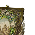 Vintage Micro Beaded Evening Bag Scenic Floral Purse Brass Frame Chain Handbag