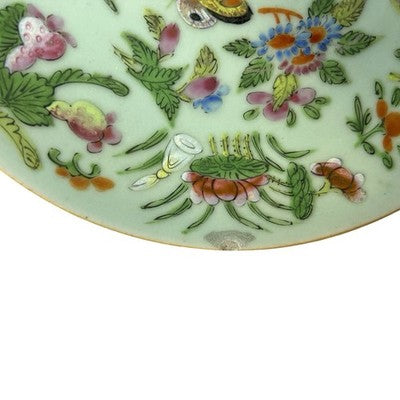 Antique Chinese Canton Famille Rose Celadon Plate Birds Butterflies
