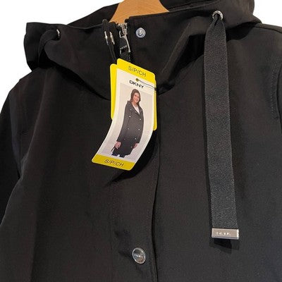 DKNY Women's Black Parka Coat Jacket Hooded Zip Slits Size S Small BNWT Winter