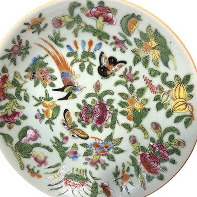 Antique Chinese Canton Famille Rose Celadon Plate Birds Butterflies — view 2