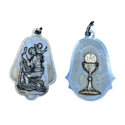 2x Vintage Catholic Medal Pair St Christopher First Holy Communion Pendants — view 1