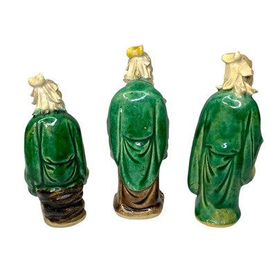 Antique Vintage Chinese Mudman Set of 3 Green Glazed Pottery Scholar Statue
