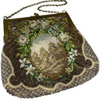 Vintage Micro Beaded Evening Bag Scenic Floral Purse Brass Frame Chain Handbag