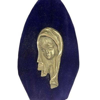 Vintage Italian Peltro Inciso Virgin Mary Pewter Religious Plaque Velvet Stand
