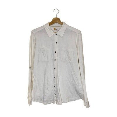 Carhartt Long Sleeve Polo Shirt Beige Cotton Workwear Unisex M UK 8-10 Vintage
