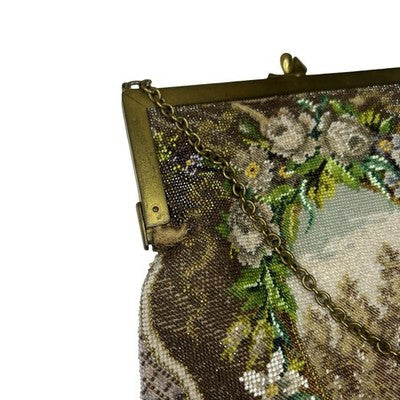 Vintage Micro Beaded Evening Bag Scenic Floral Purse Brass Frame Chain Handbag