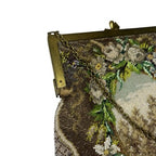 Vintage Micro Beaded Evening Bag Scenic Floral Purse Brass Frame Chain Handbag