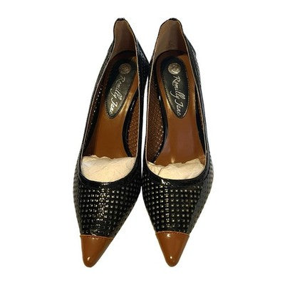 Romilly Jane Black Patent Perforated Court Shoes Tan Pointed Toe Heels Boxed