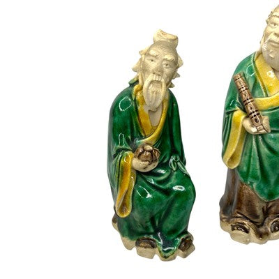 Antique Vintage Chinese Mudman Set of 3 Green Glazed Pottery Scholar Statue — view 2