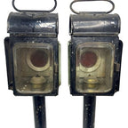 Pair Antique Carriage Coach Oil Lamps Lanterns Red Lens Bevelled Glass c1900 - front view