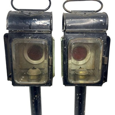 Pair Antique Carriage Coach Oil Lamps Lanterns Red Lens Bevelled Glass c1900 - front view