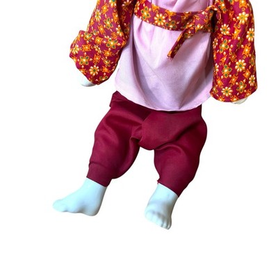 Asian Chinese Pink Red & White Porcelain & Rag Doll with Single Top Bun