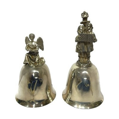 Pair Vintage Danbury Mint Christmas Bells 1979 Carol Singers Angel Silver Plate - detail view