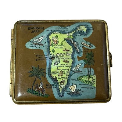 Vintage Bahrain Souvenir Cigarette Case Pictorial Map Camel Palm Trees