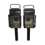 Pair Antique Carriage Coach Oil Lamps Lanterns Red Lens Bevelled Glass c1900