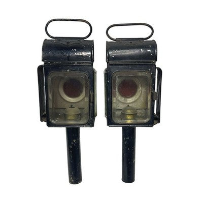 Pair Antique Carriage Coach Oil Lamps Lanterns Red Lens Bevelled Glass c1900