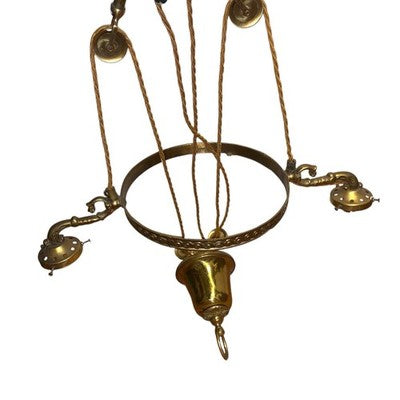 Vintage 1970s Rise & Fall Chandelier Gold Tone 2 Branch Ceiling Pendant Lamp