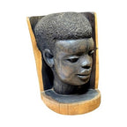 Vintage Carved Wooden African Head Bookend Bust Sculpture Folk Art Single - detail view
