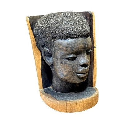 Vintage Carved Wooden African Head Bookend Bust Sculpture Folk Art Single - detail view