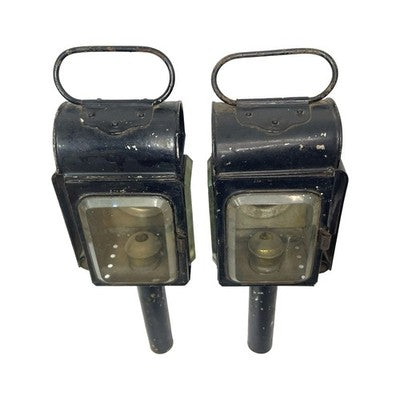 Pair Antique Carriage Coach Oil Lamps Lanterns Red Lens Bevelled Glass c1900 - side view