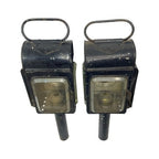 Pair Antique Carriage Coach Oil Lamps Lanterns Red Lens Bevelled Glass c1900 - side view