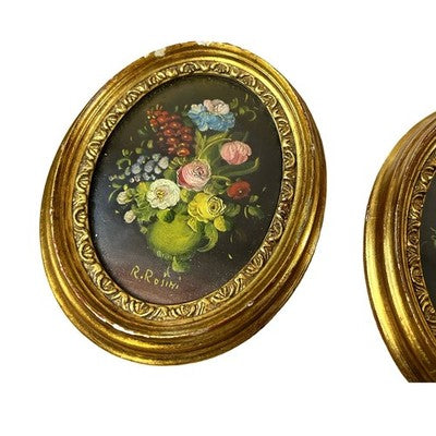 Set 4 Vintage Italian Floral Miniature Paintings R Rosini Gilt Framed Italy