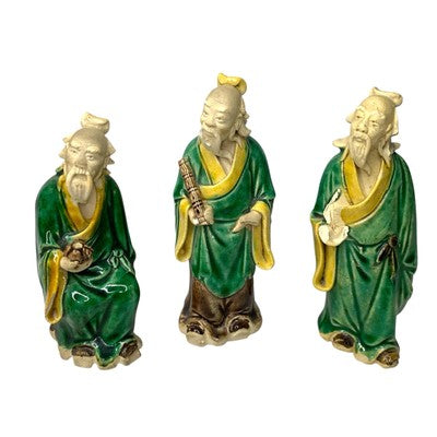Antique Vintage Chinese Mudman Set of 3 Green Glazed Pottery Scholar Statue — view 1