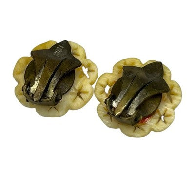 Clip On Earrings Vintage Carved Bovine Bone Rose Stars Cream Floral Jewellery