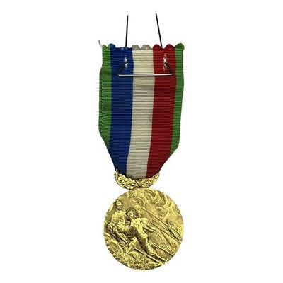 Vintage Emile Monier French Firefighter Rescue Medal Pompiers Gilt Ribbon