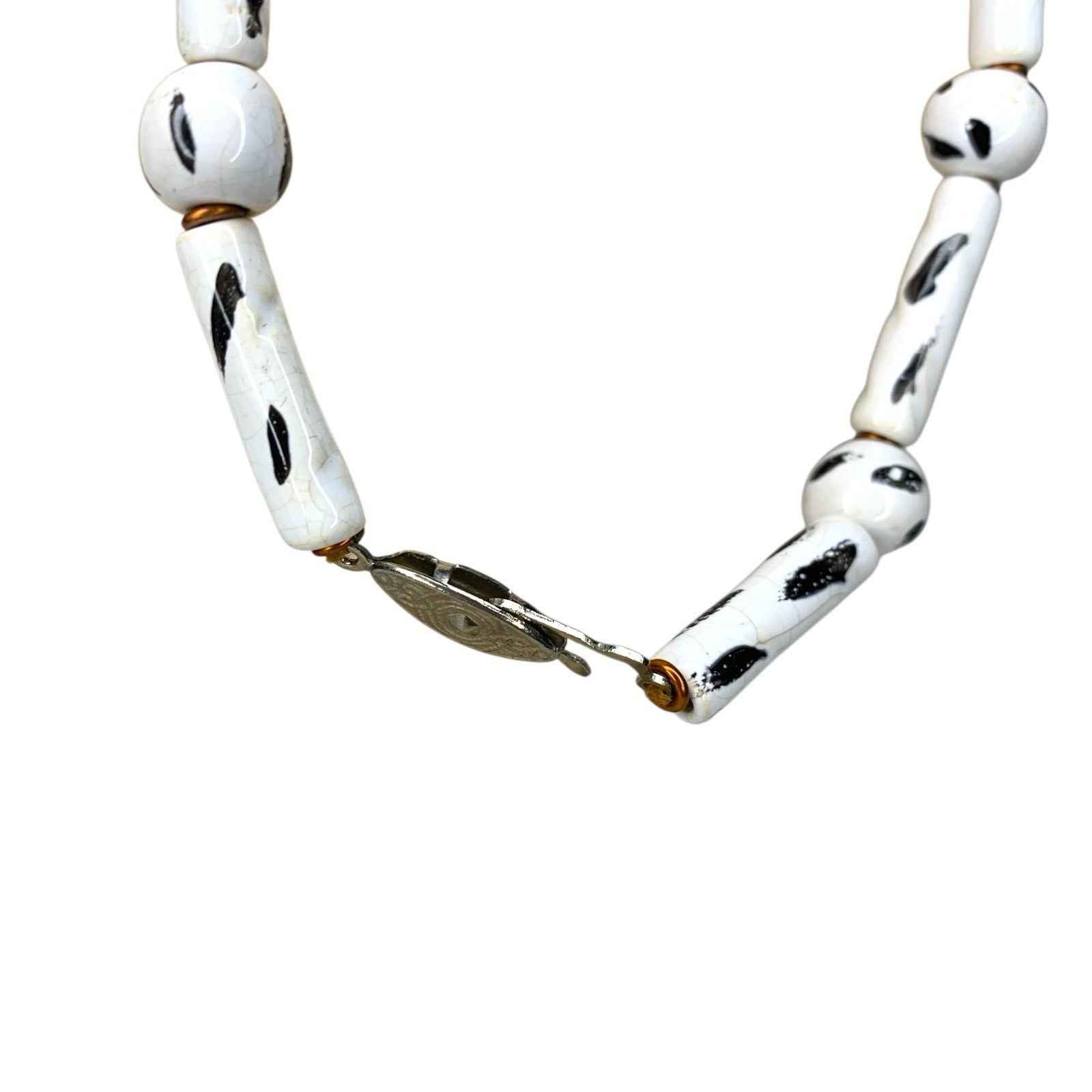 Vintage Black & White Painted Bead Necklace with Matching Earrings 3 Shapes