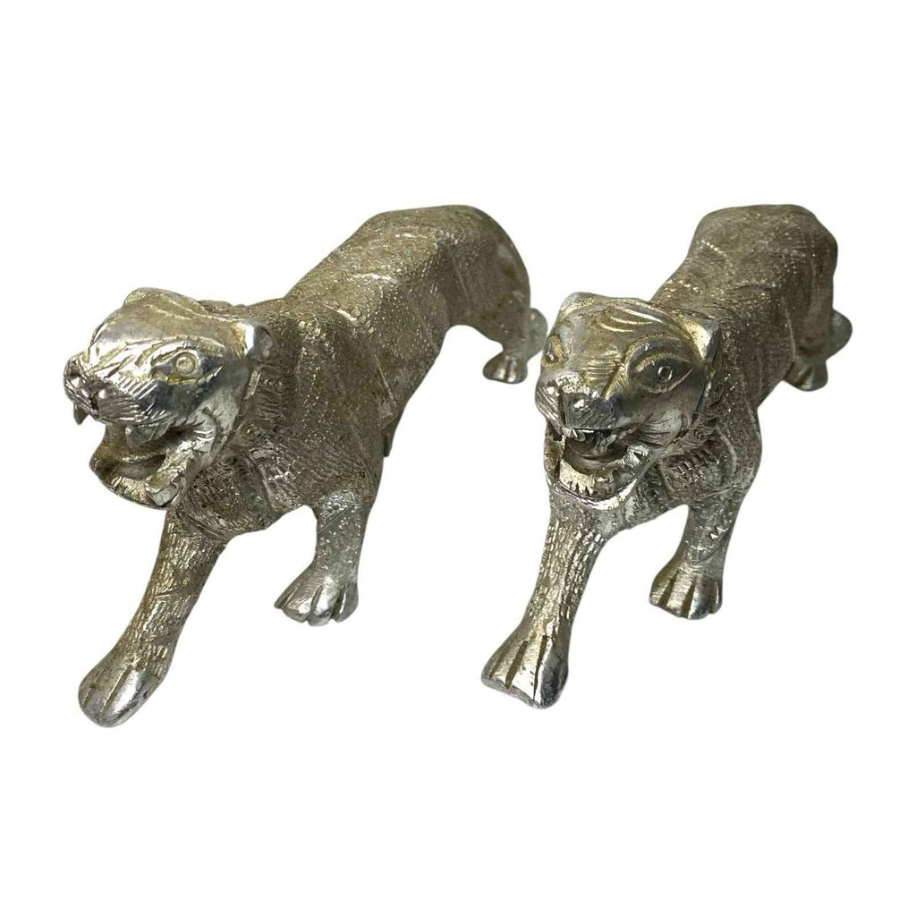 Pair Aluminium Carved Jaguar Tiger Ornament Figures Silver Tone Decorative Pair