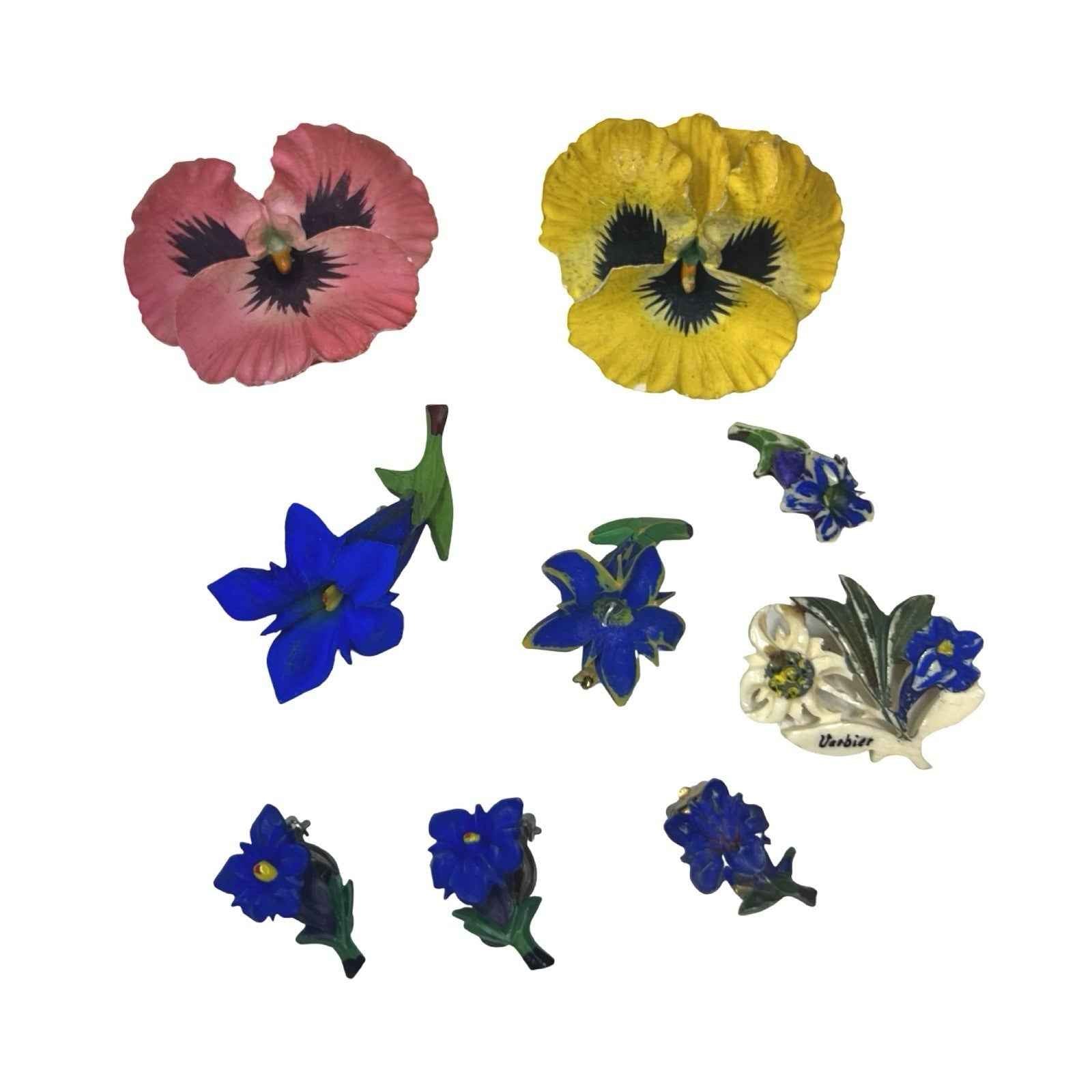 Vintage Floral Jewellery Lot Hand Painted Celluloid Flower Brooches Ear Clips
