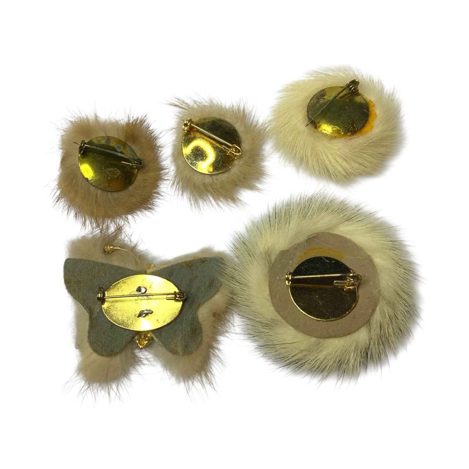 Vintage 5x Round Mink Fur Brooches - Rhinestone Detail Various Colours