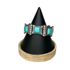 Vintage Metal & Turquoise Square Link Stretch Bracelet with Rhinestones 1970s