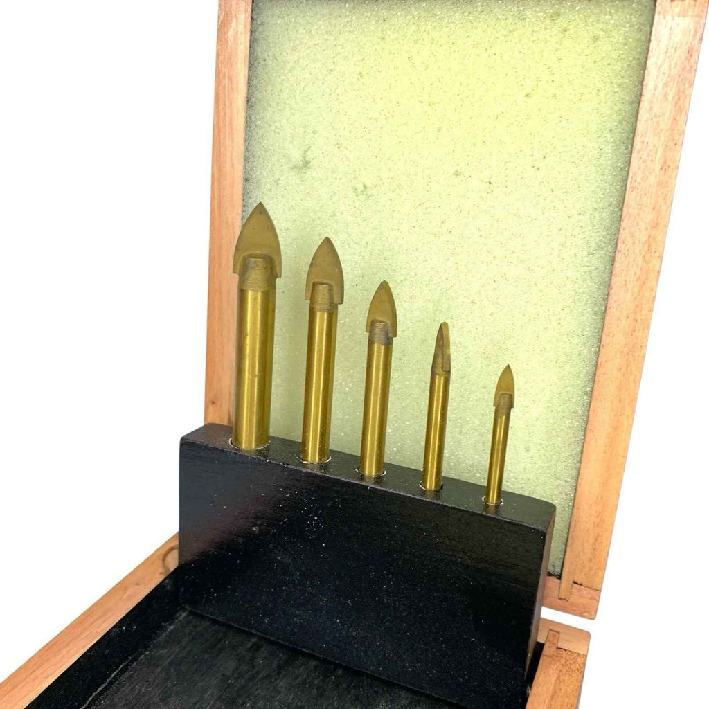 Set 5 Spear Point Drill Bits Glass Tile Tungsten Carbide 4–10mm with Wooden Box