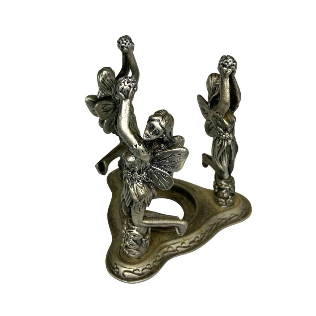 Three Fairies Pewter Tea Light Candle Holder Heavy Fantasy Floral Decor