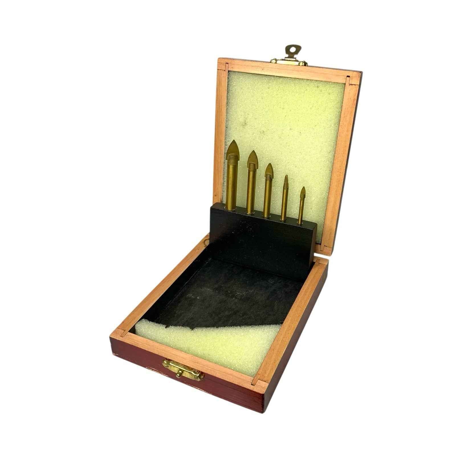 Set 5 Spear Point Drill Bits Glass Tile Tungsten Carbide 4–10mm with Wooden Box