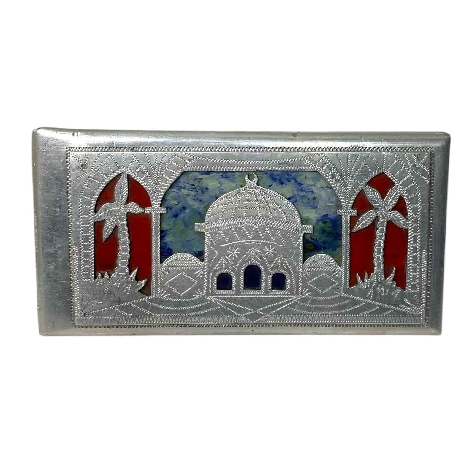 WW2 North Africa POW Trench Art Aluminium Cigarette Case Map & Mosque c.1940s