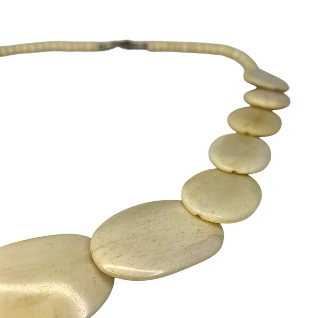 Vintage Carved Plate Bovine Bone Disc Bead White Necklace Oval Flat Beads