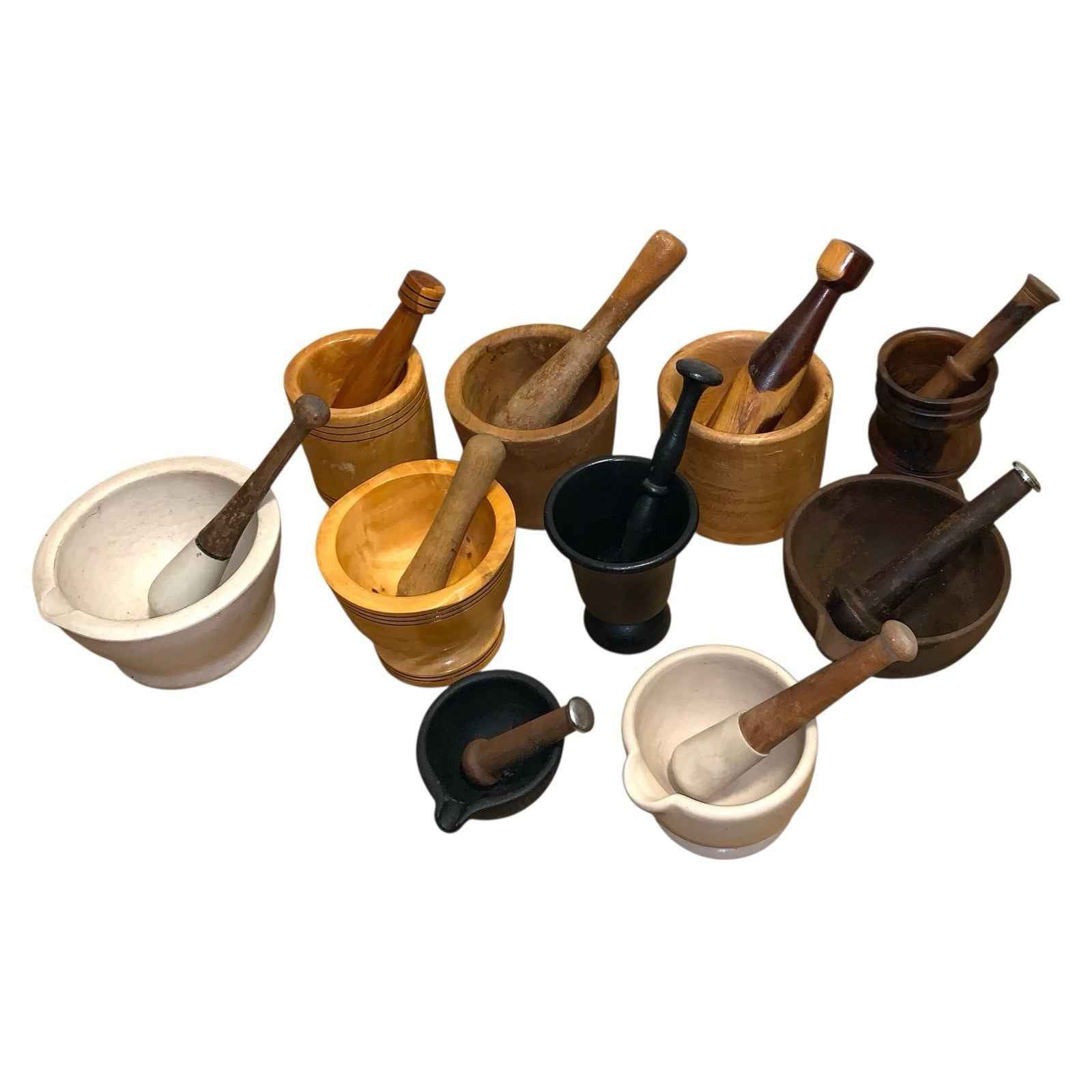Bundle of 10 Mortar & Pestle Sets Wooden Cast Iron Ceramic Mixed Sizes Heavy Lot