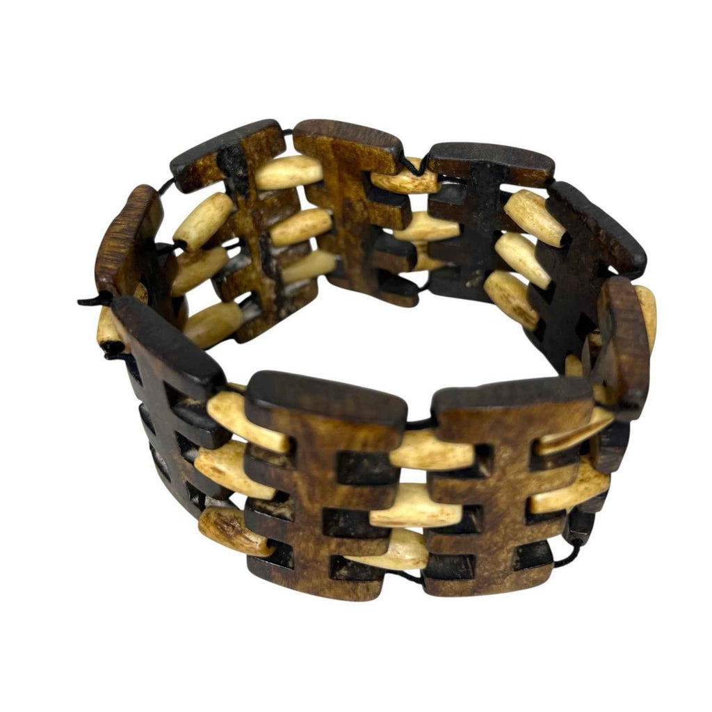 2x African Tribal Batik Yak Bone Statement Stretch Bracelets Wood Detail